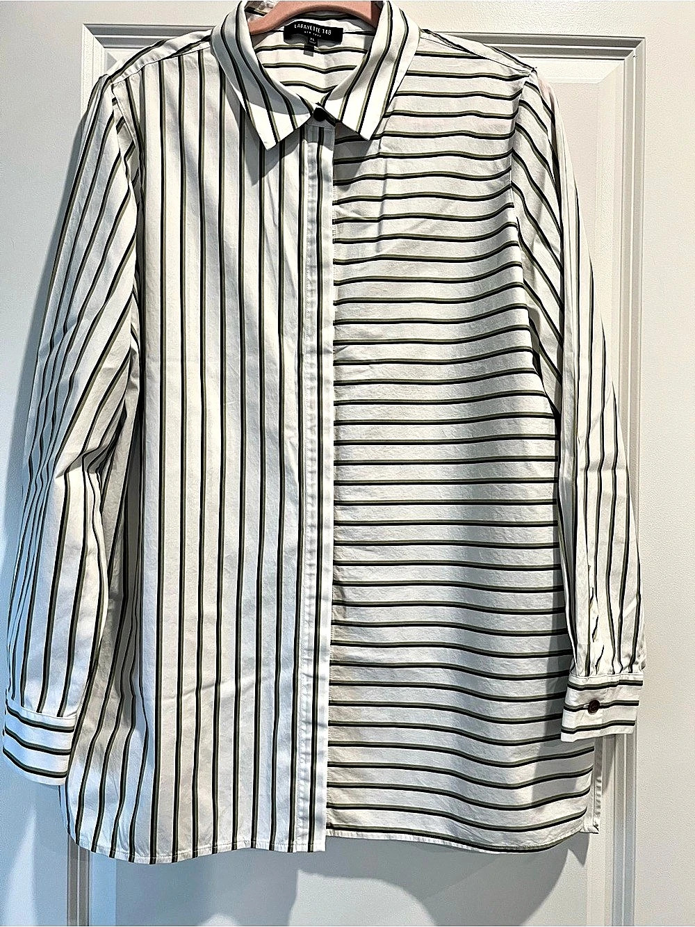 Lafayette 148 New York Striped Button Down Shirt in White & Green XL Like New